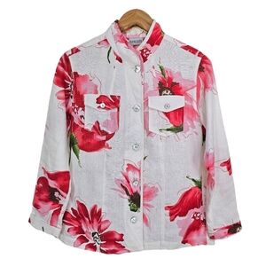 Chico's Floral Linen Jacket Sz XS White Coastal Grandma Grannycore Cottagecore